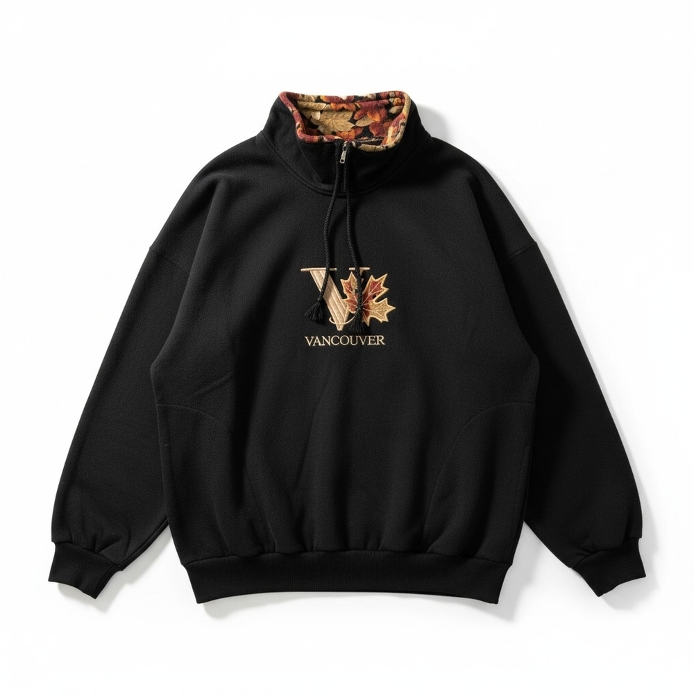 Vintage Cityscape Vancouver Funnel Neck Sweatshirt | Embroidered Maple Leaf